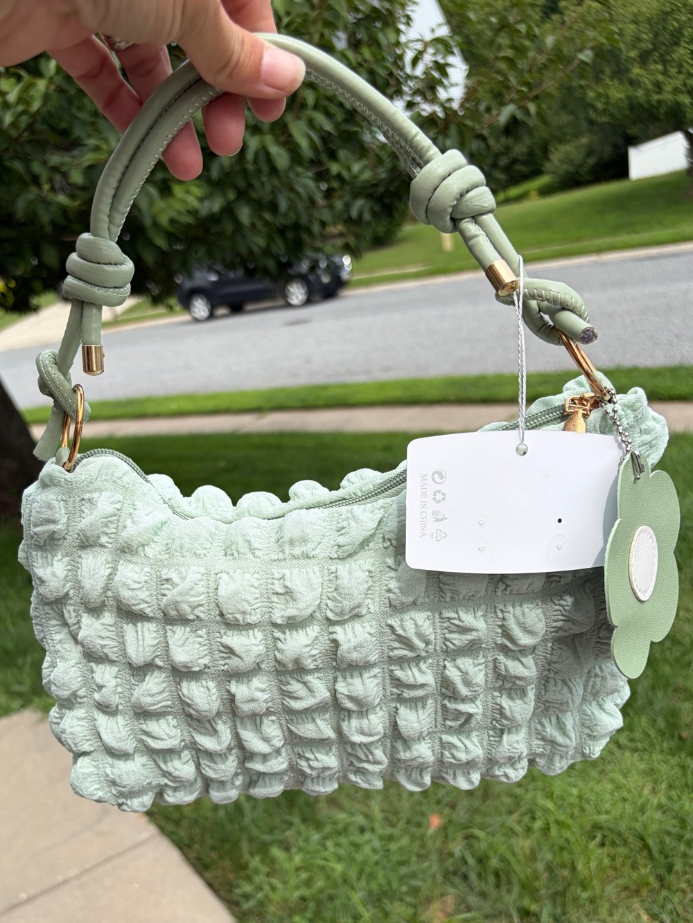 MKS America Sage Green Popcorn Texture Mini Hobo Bag Flower Charm NWT